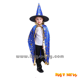 blue color celestial star print wizard cape and hat