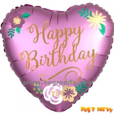 Satin heart shaped Happy Birthday balloon with flowers