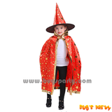 red color celestial star print wizard cape and hat