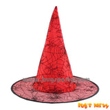 Red Halloween witch hat with spider prints
