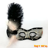 Silver sequin masquerade mask with black feather