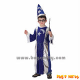 Boy blue color midnight wizard robe costume and hat